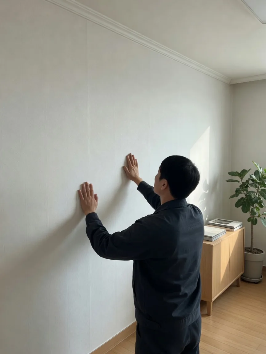 벽지를 밀어 이음을 확인하는 손